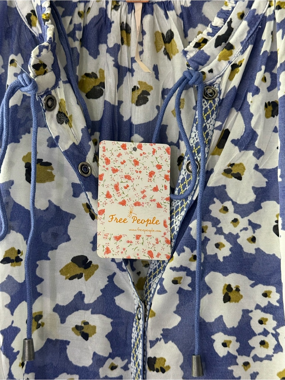 NEW Free People Blue Floral Bohemian Keyhole Long Sleeve Mini Dress Sz LARGE - Picture 10 of 16